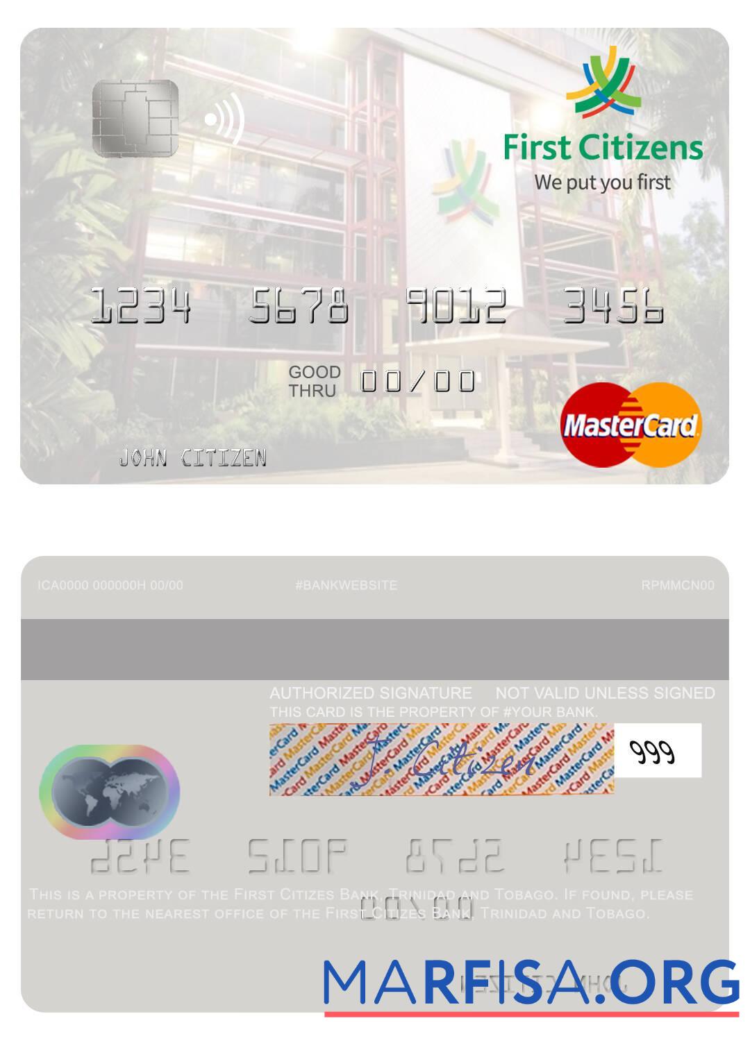 Blank Trinidad and Tobago First Citizes Bank mastercard download for verification